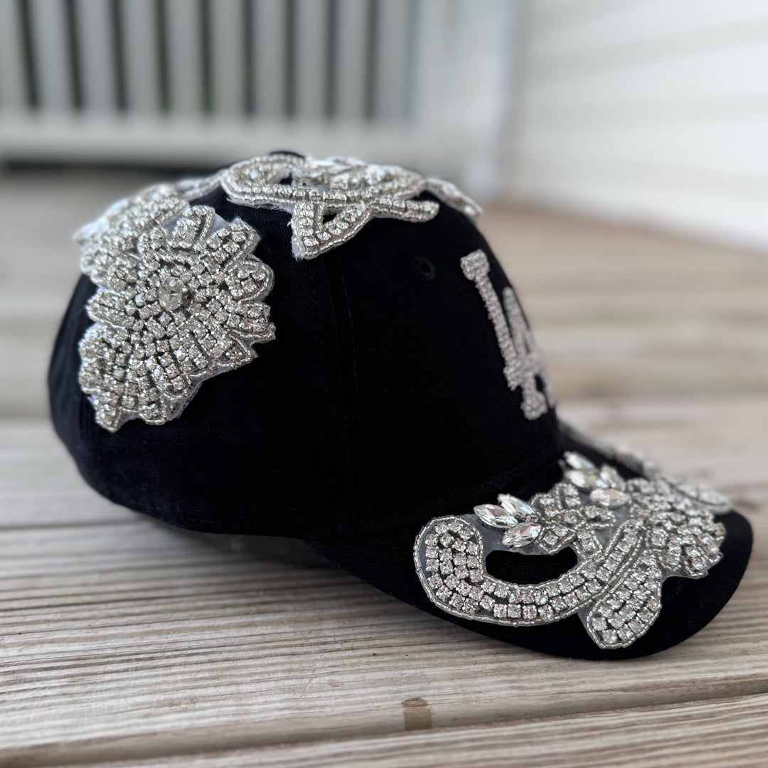 Custom Beaded Silver Crystal Applique LA Hat - Rebel P Customs