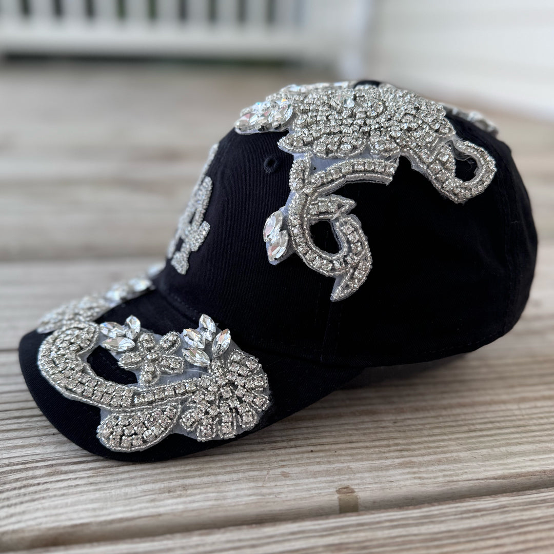 Custom Beaded Silver Crystal Applique LA Hat