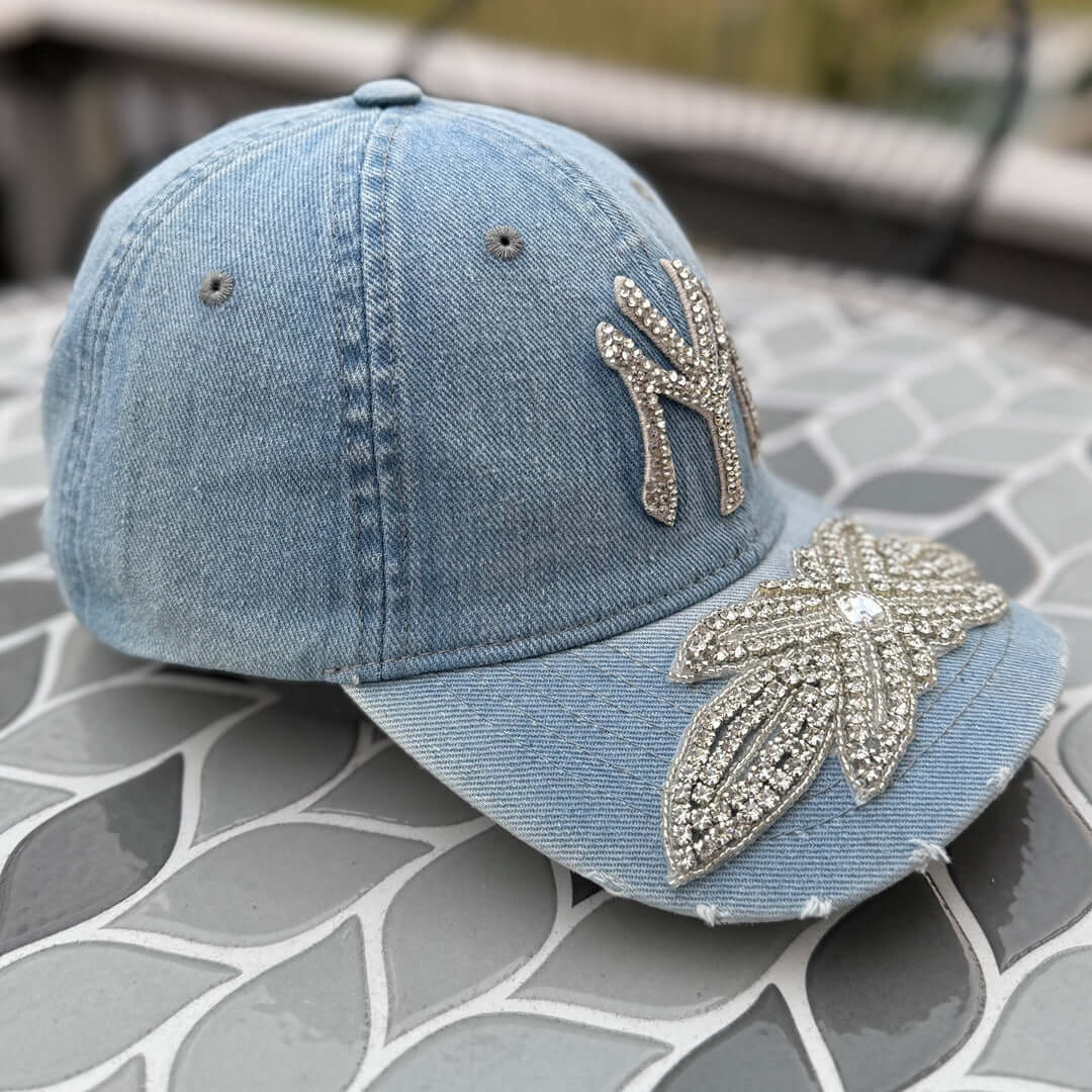Custom Denim Silver Crystal Applique New York Hat