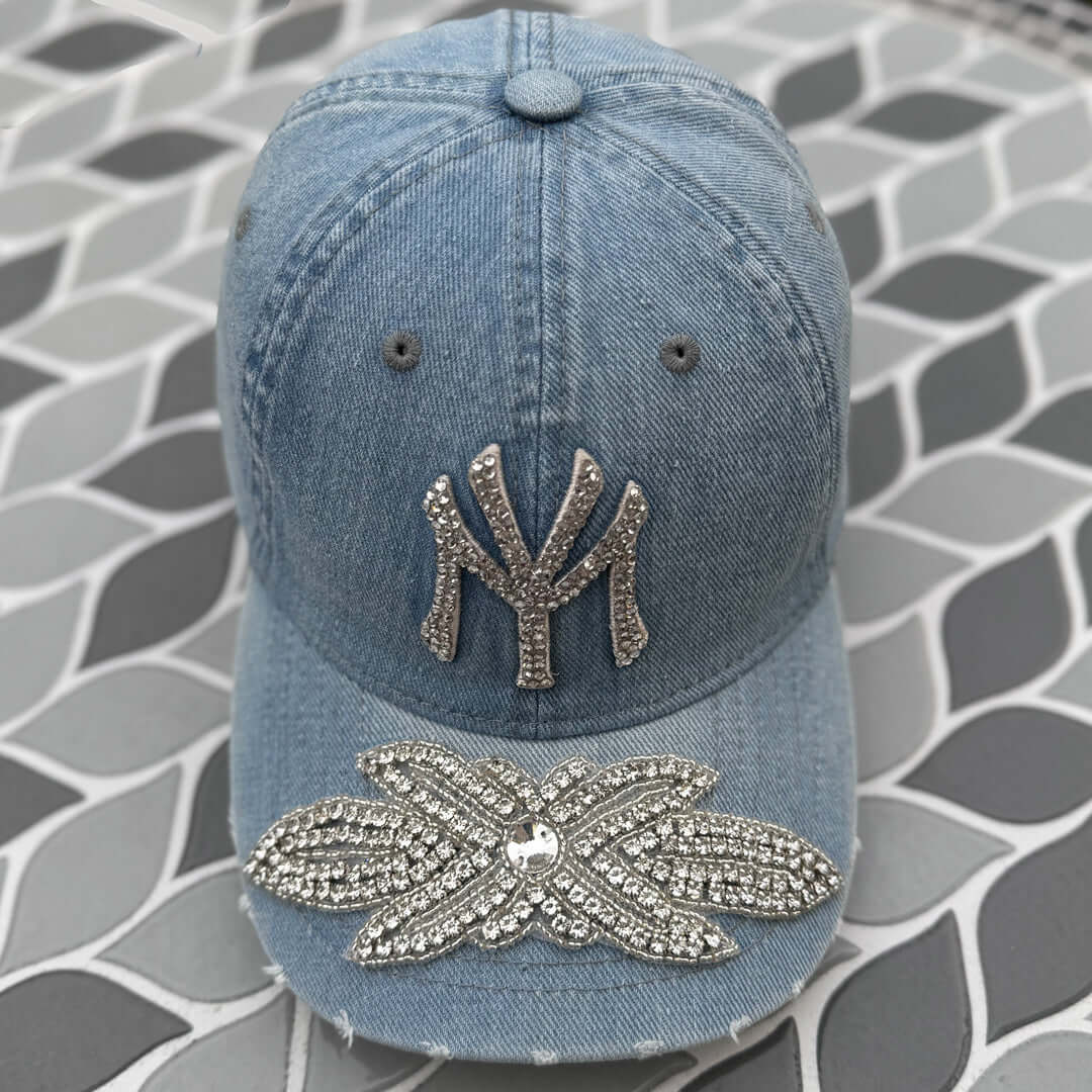 Custom Denim Silver Crystal Applique New York Hat