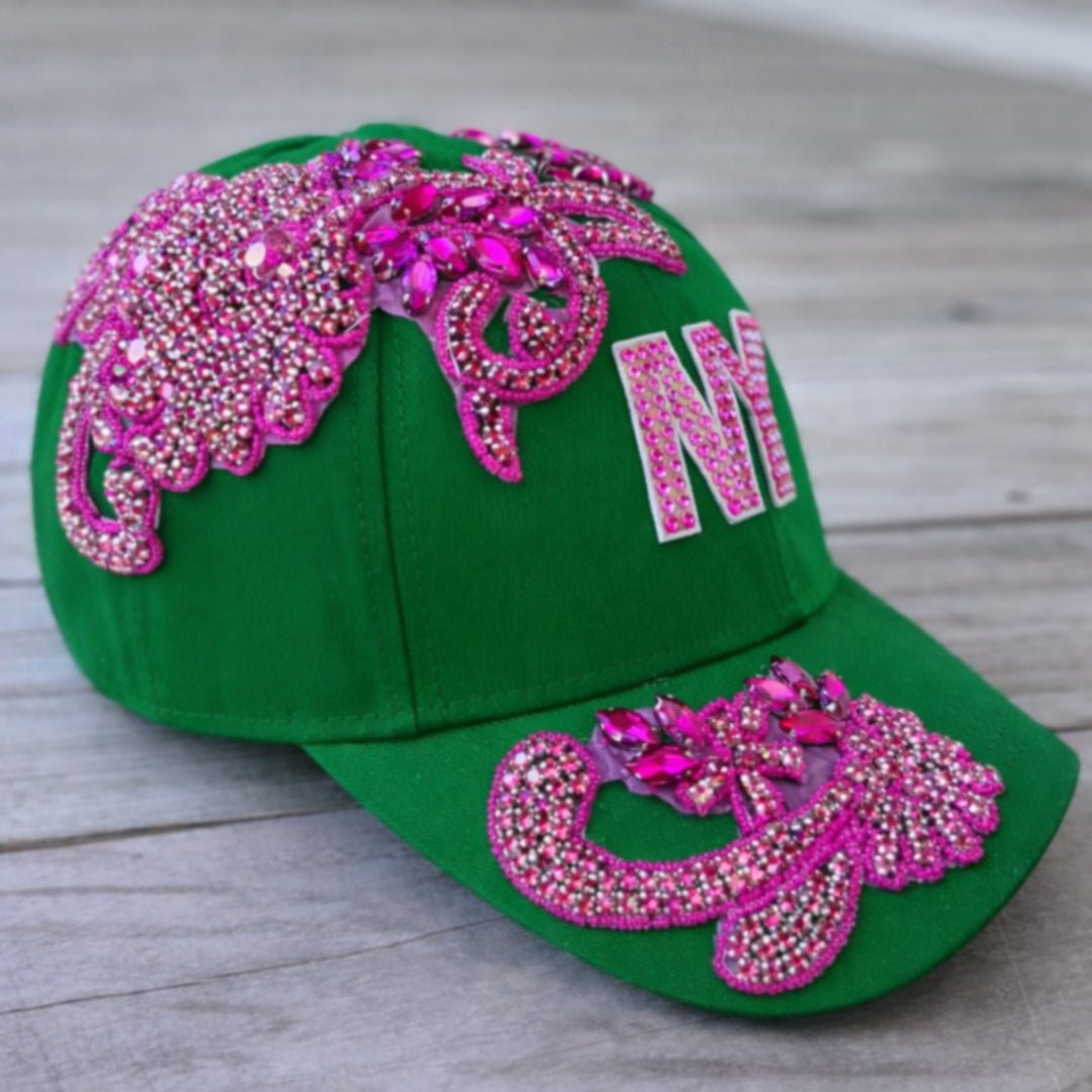 Limited Edition Custom Beaded Pink Crystal Applique Green New York Hat - Rebel P Customs