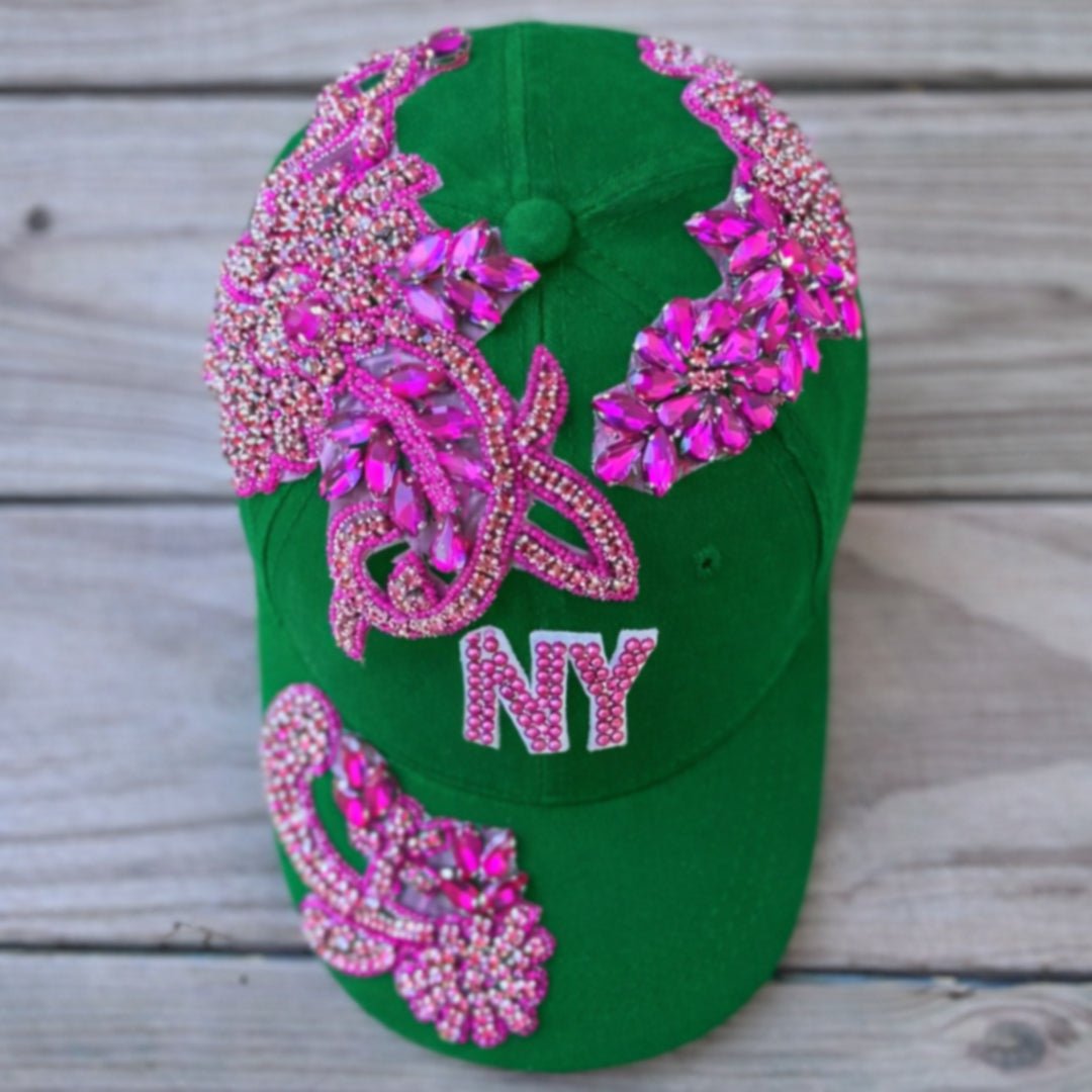 Limited Edition Custom Beaded Pink Crystal Applique Green New York Hat - Rebel P Customs