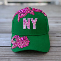 Limited Edition Custom Beaded Pink Crystal Applique Green New York Hat - Rebel P Customs