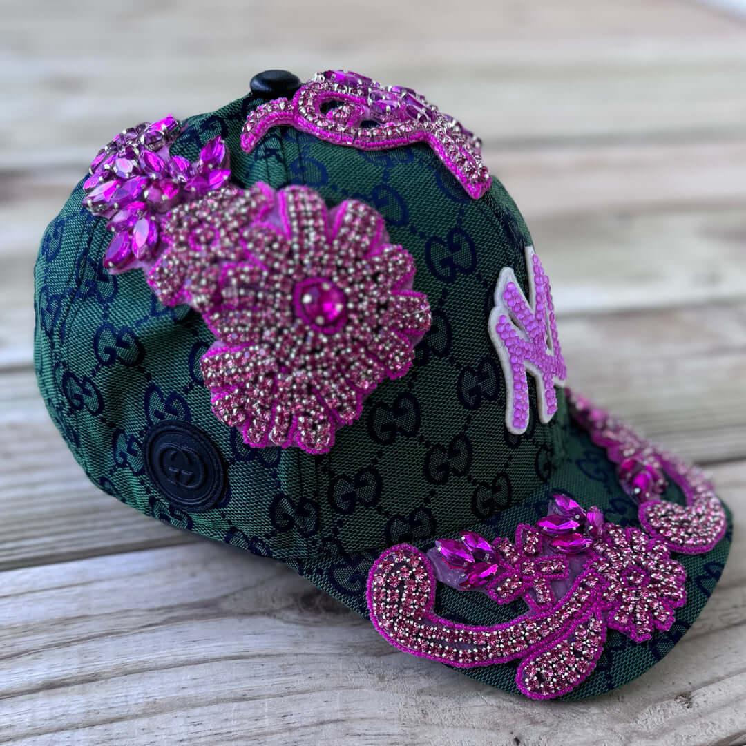 Limited Edition Custom Beaded Pink Crystal Applique Green New York Hat - Rebel P Customs