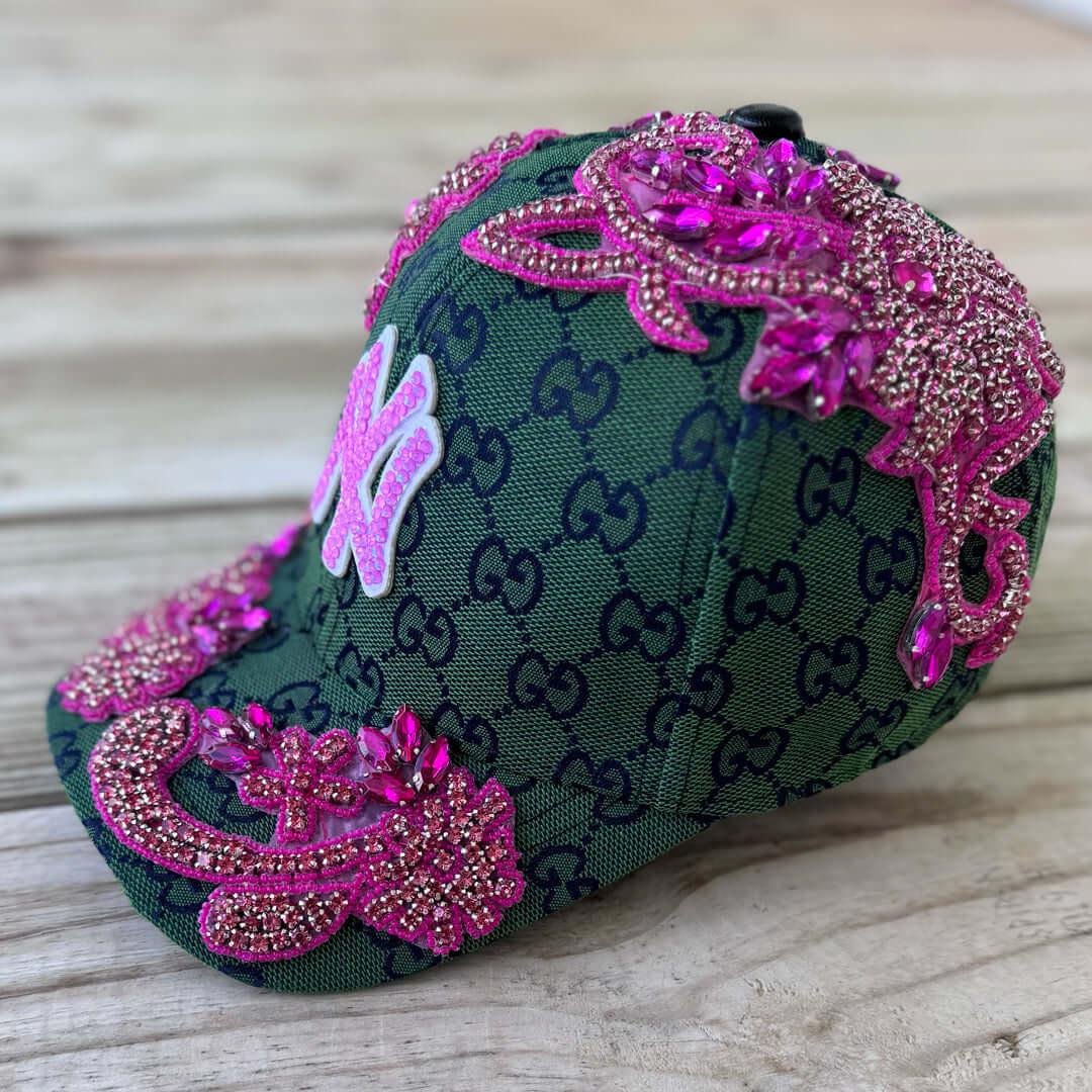 Limited Edition Custom Beaded Pink Crystal Applique Green New York Hat - Rebel P Customs