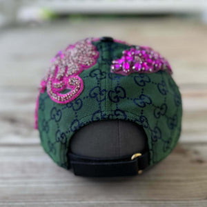 Limited Edition Custom Beaded Pink Crystal Applique Green New York Hat - Rebel P Customs