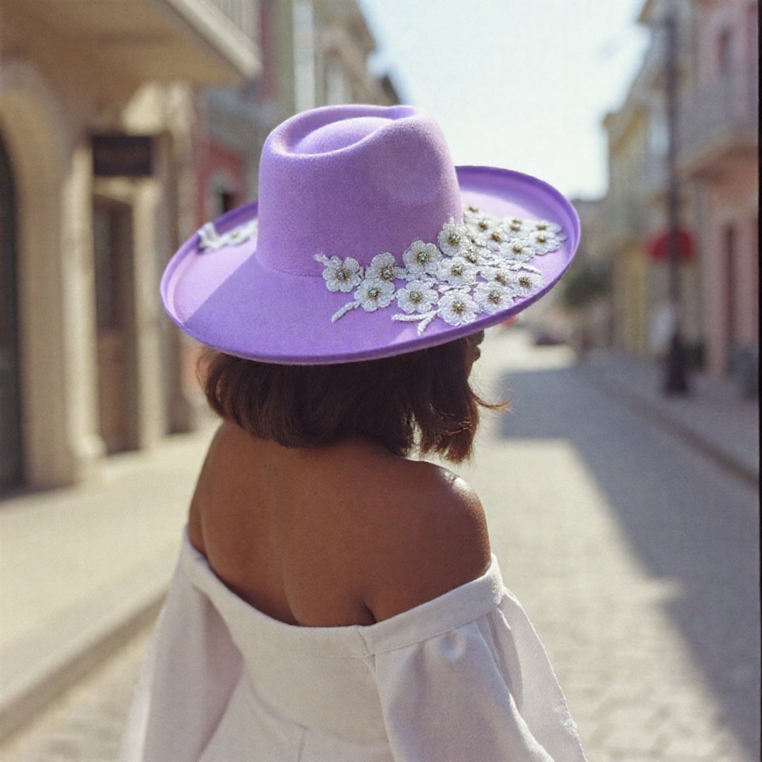 Custom Lilac White Crystal Applique Fedora Hat