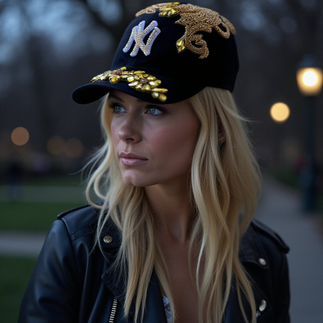 Custom Beaded Luminous Gold Crystal Applique New York Hat