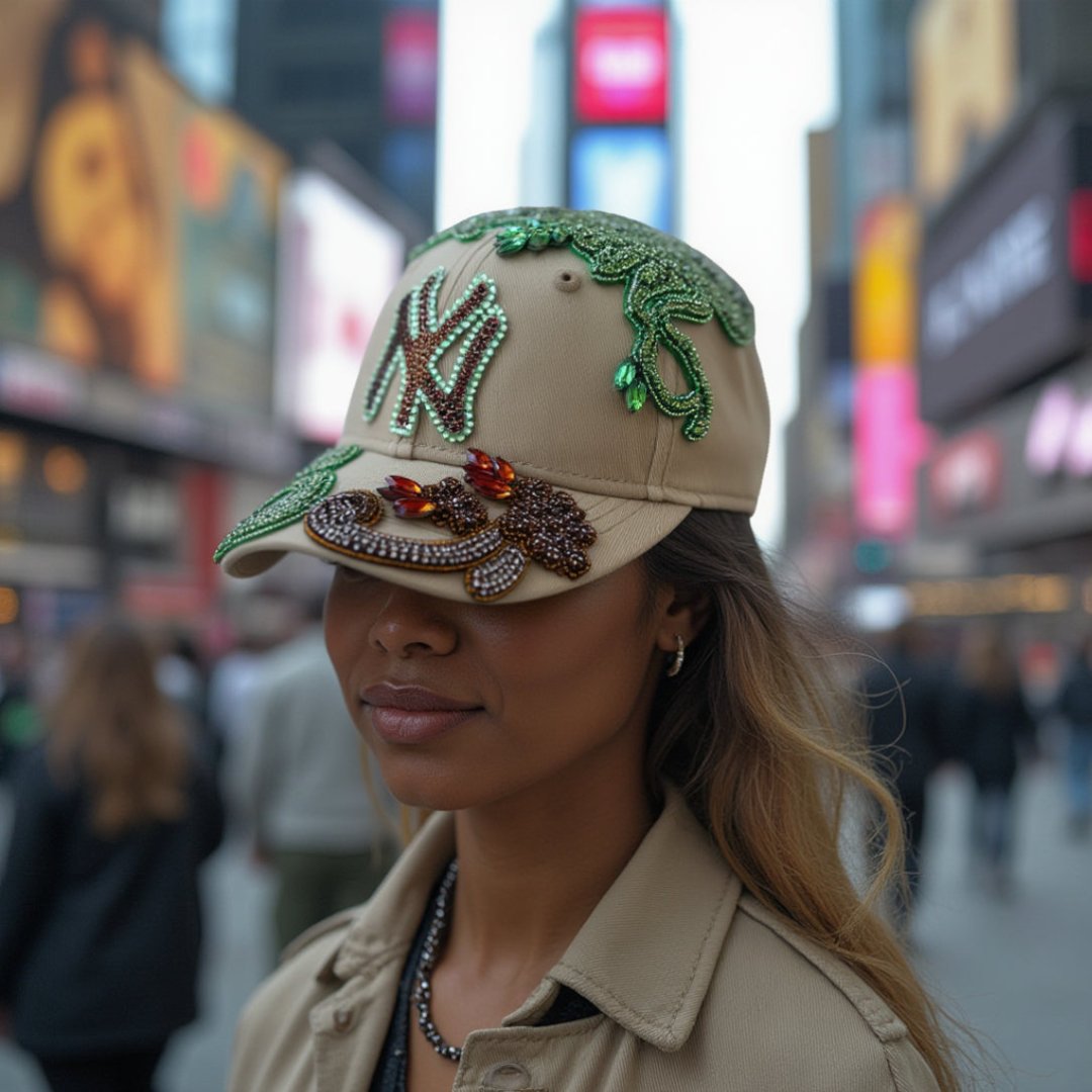 Custom Beaded Crystal Multicolor Applique Big New York Hat