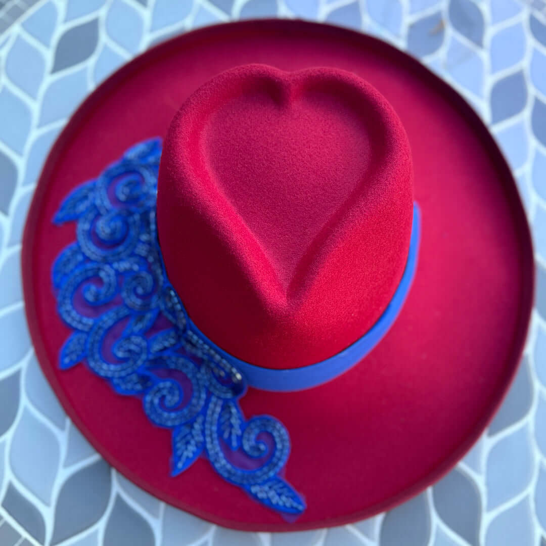 Custom Beaded Blue Crystal Applique Love Fedora Hat