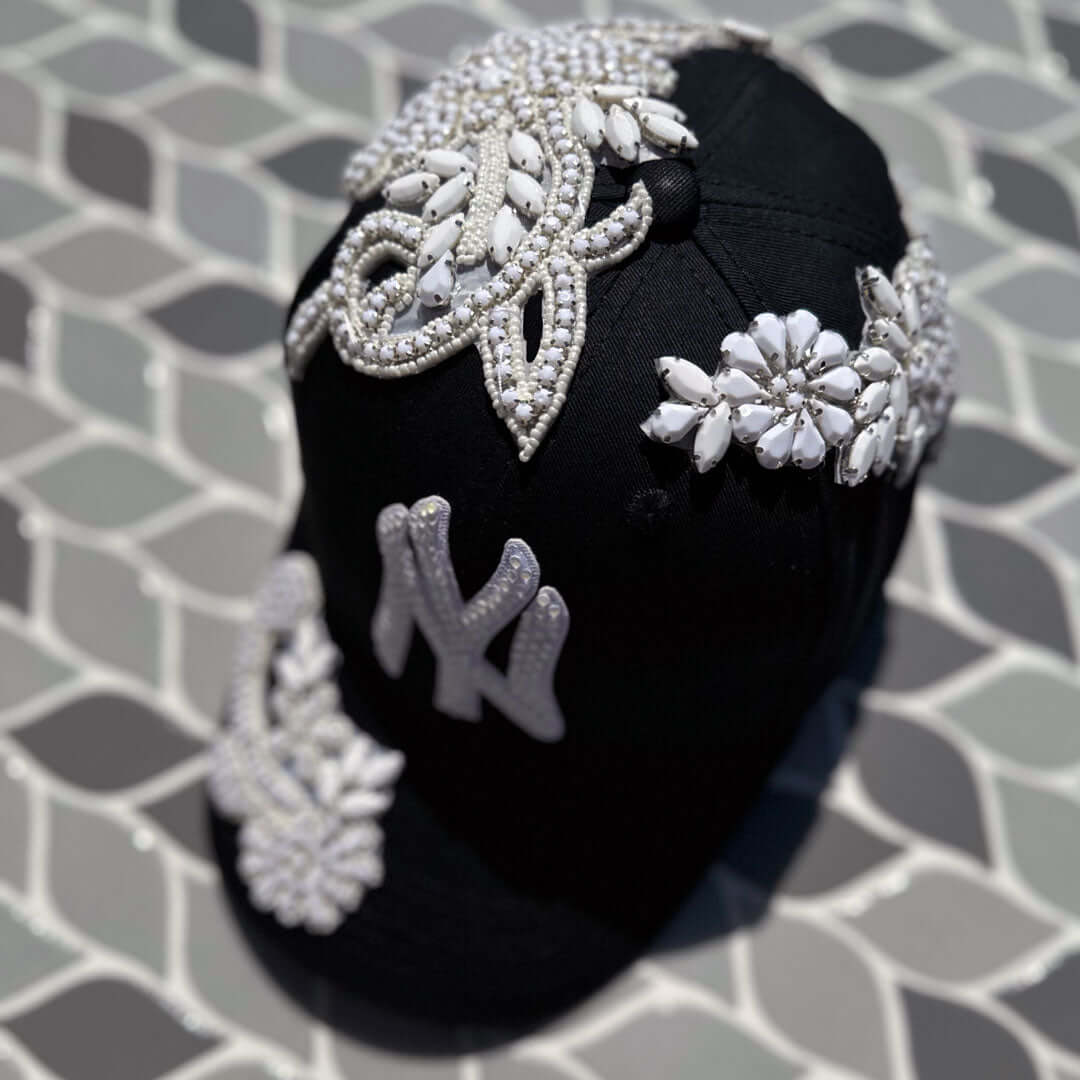 Custom Beaded White Crystal Applique Black New York Hat