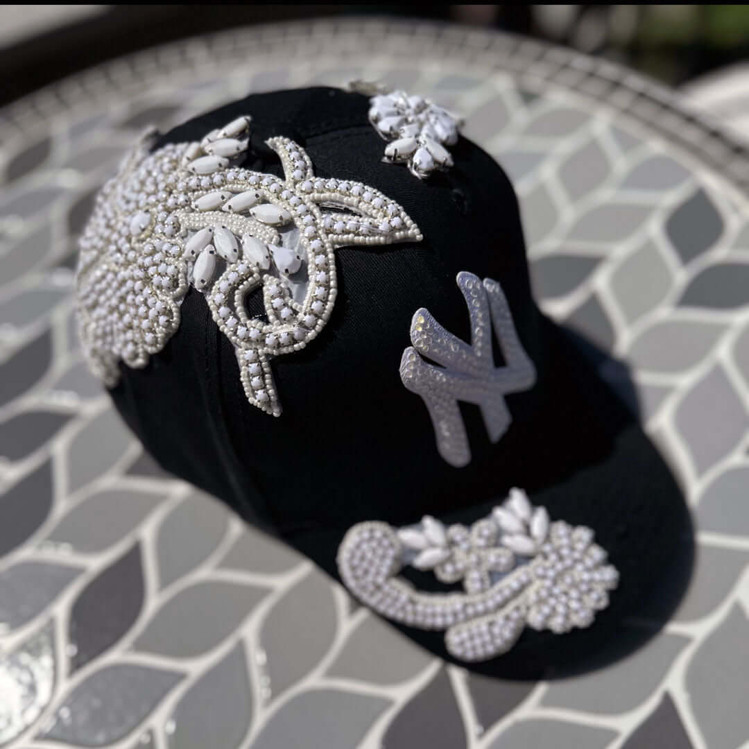 Custom Beaded White Crystal Applique Black New York Hat