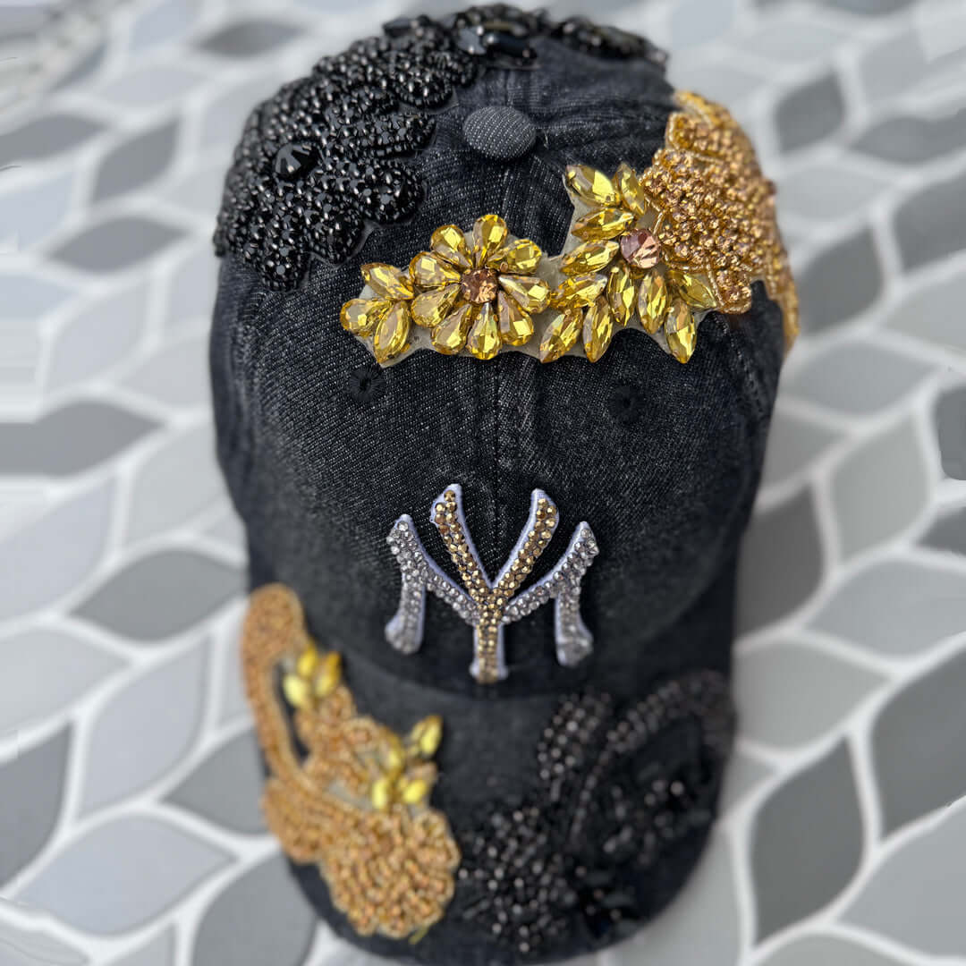 Custom Beaded Denim Crystal Multicolor Applique New York Hat