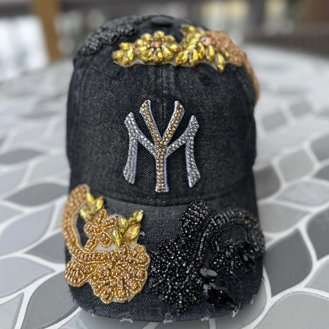 Custom Beaded Denim Crystal Multicolor Applique Hat