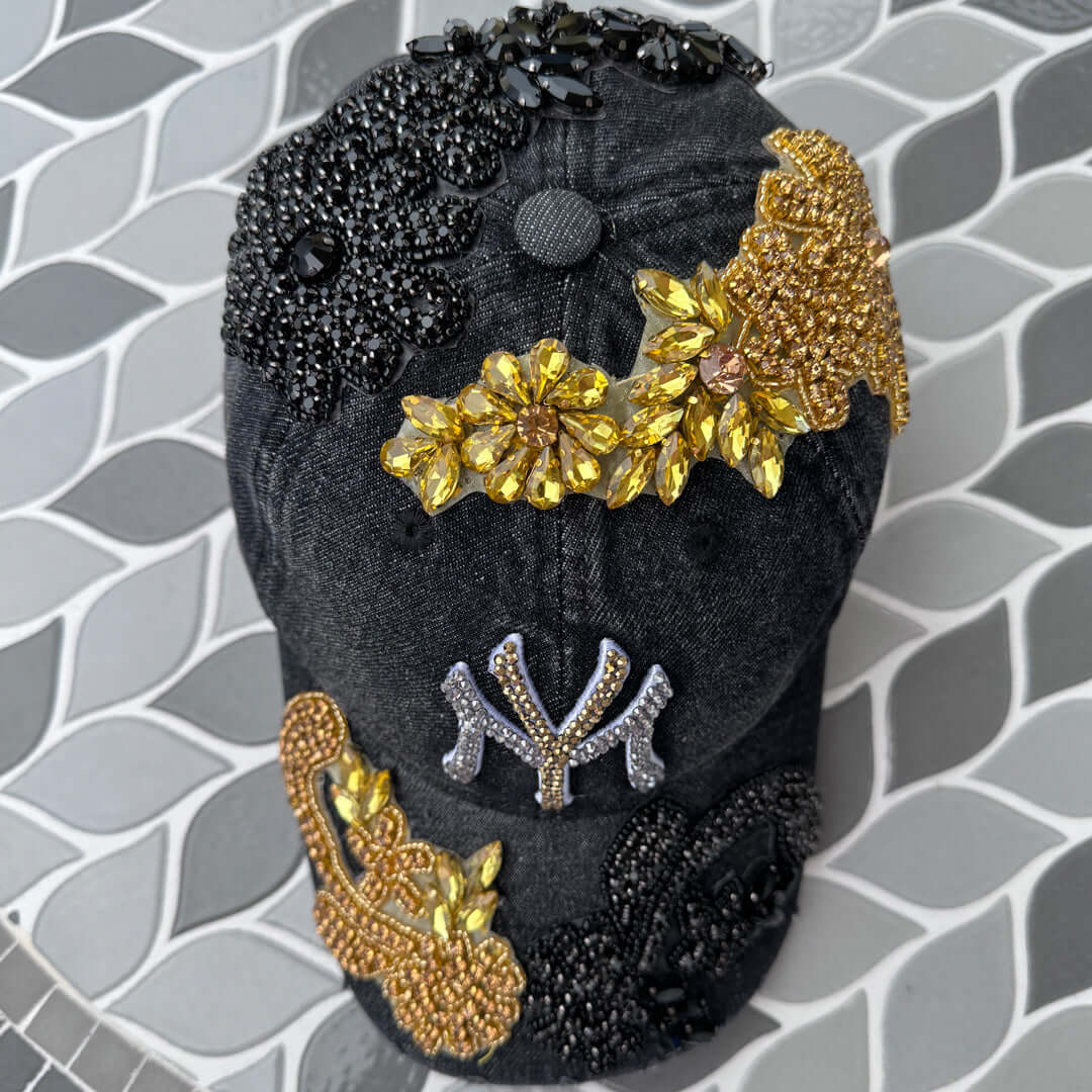 Custom Beaded Denim Crystal Multicolor Applique Hat