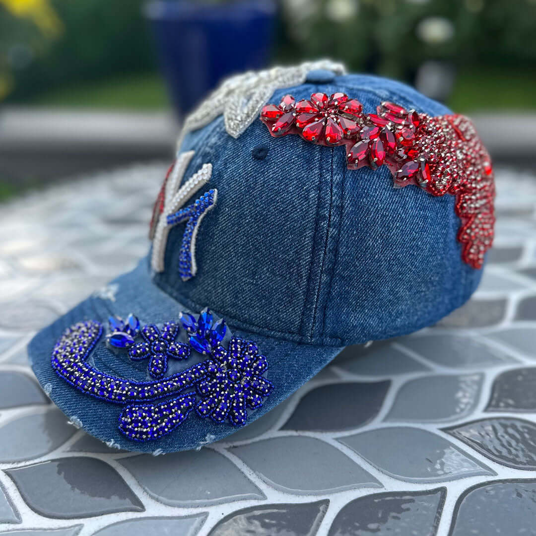 Custom Beaded Crystal Applique Denim New York Hat