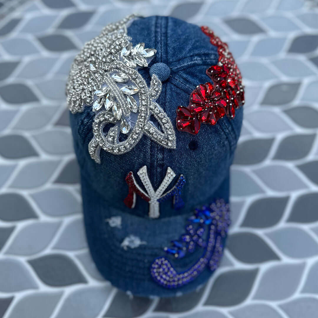 Custom Beaded Crystal Applique Denim Hat