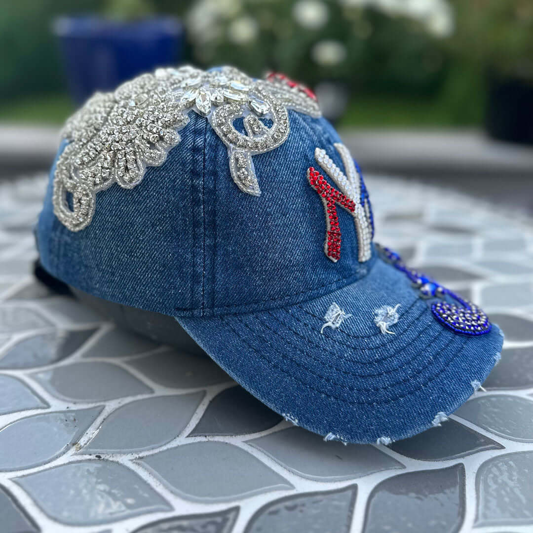 Custom Beaded Crystal Applique Denim New York Hat