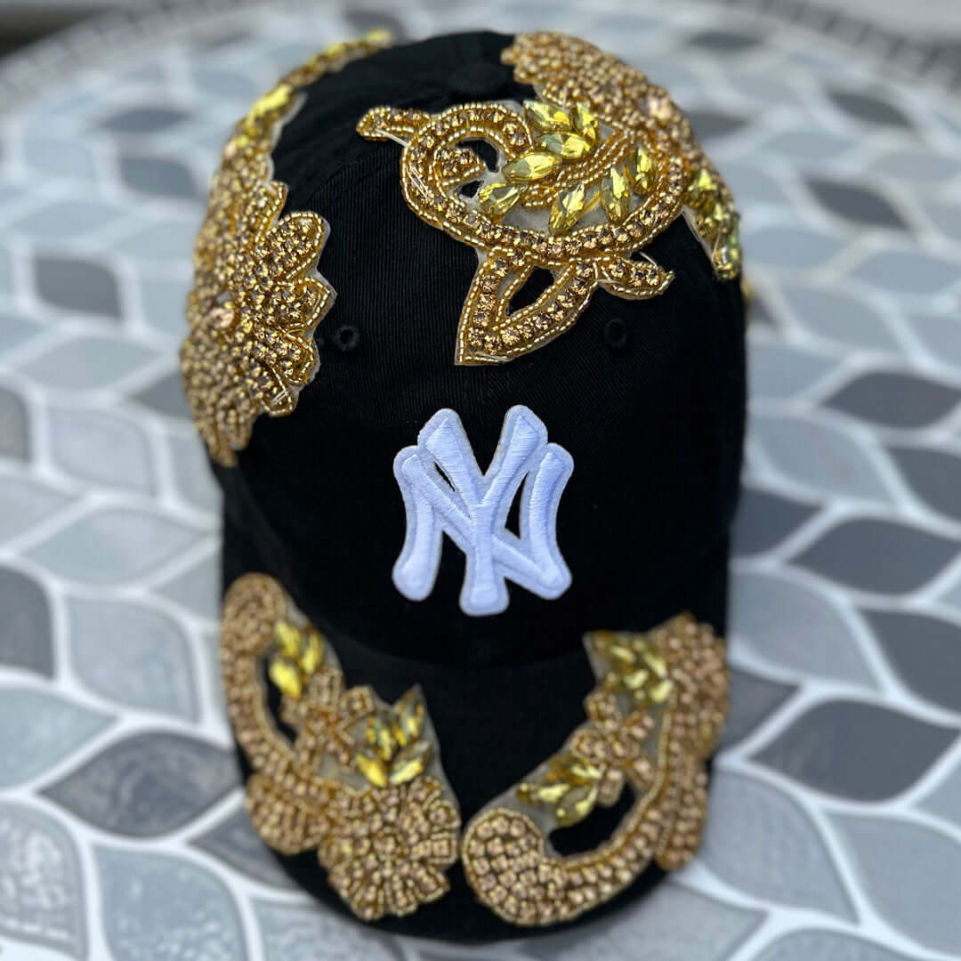 Hand Sewn Jeweled Embellished Women Baseball Cap Hat Pins Snapback￼ BLING  gold