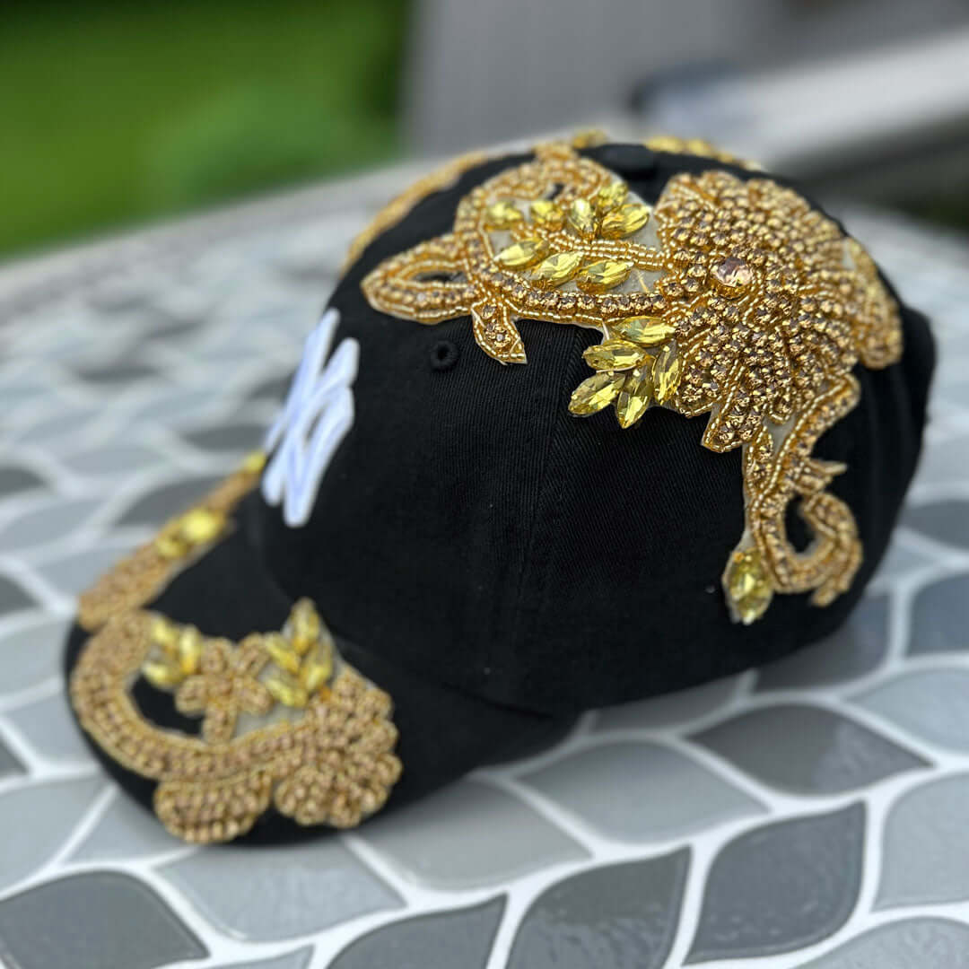Custom Beaded Gold Crystal Applique New York Hat