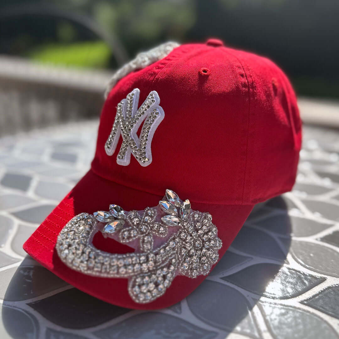 Custom Beaded Silver Crystal Applique New York Hat