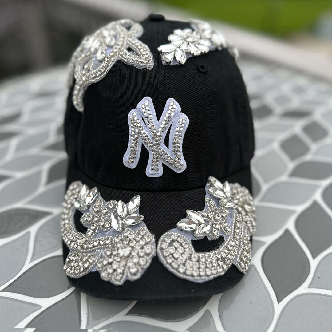 Custom Beaded Silver Crystal Applique New York Hat
