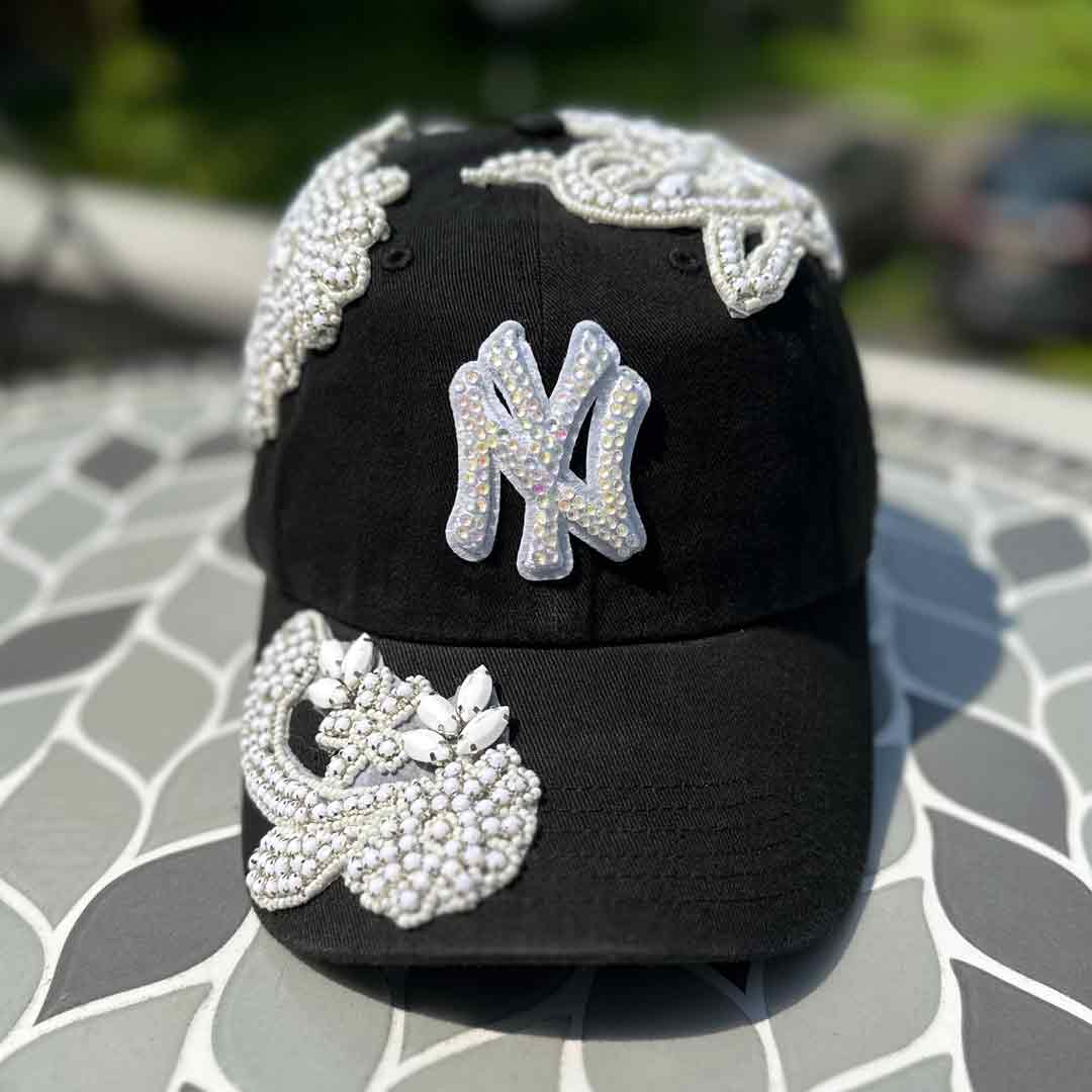 Custom Beaded White Crystal Applique Bling Hat