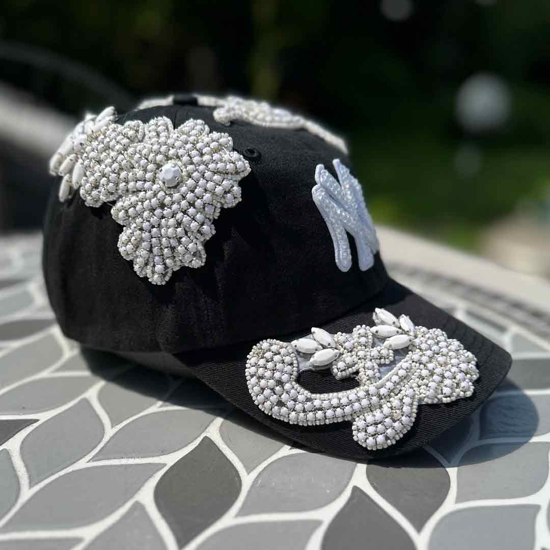 Custom Beaded White Crystal Applique New York Hat
