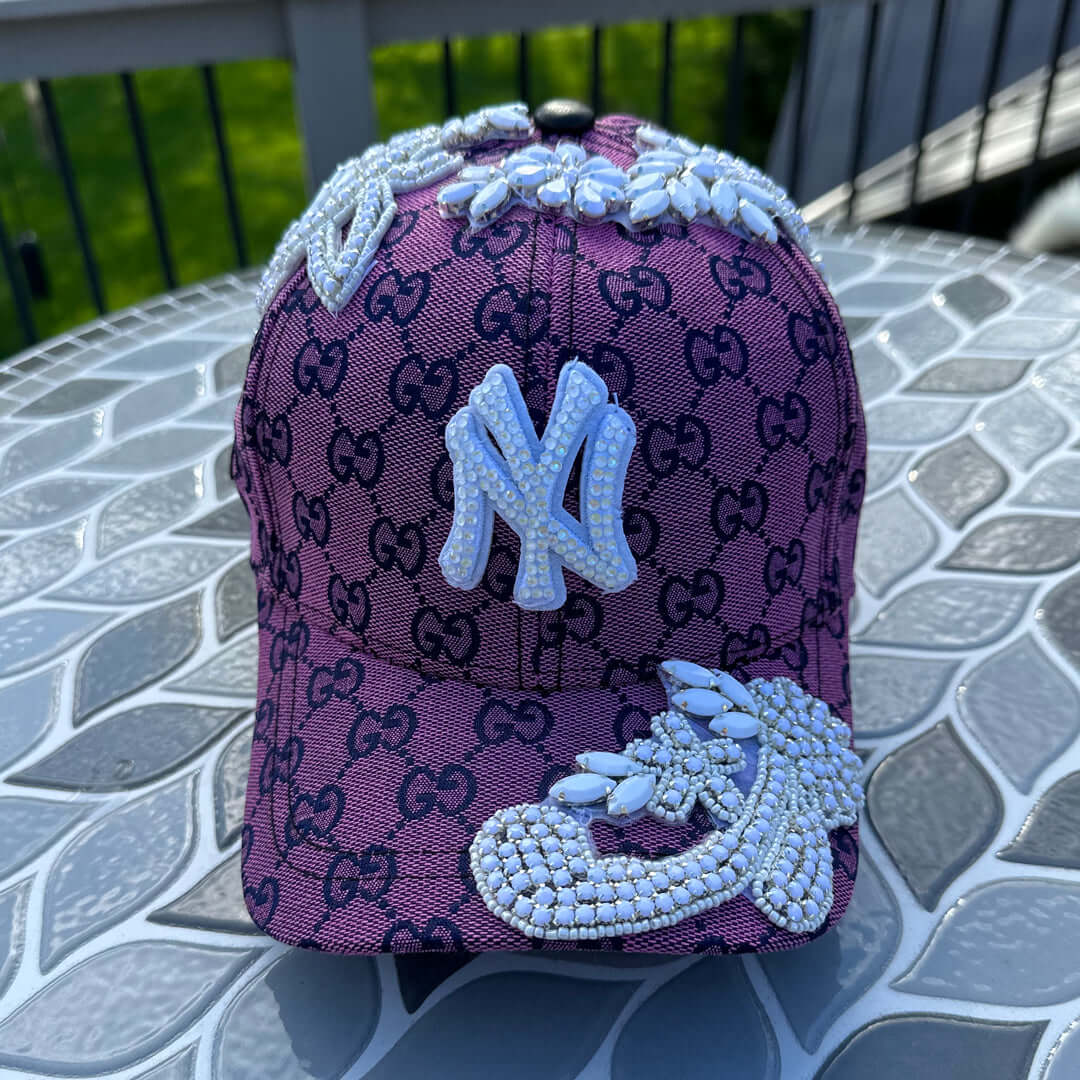 Custom Beaded White Crystal Applique Pink New York Hat