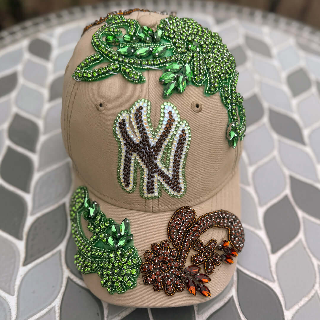 Custom Beaded Crystal Multicolor Applique Big New York Hat