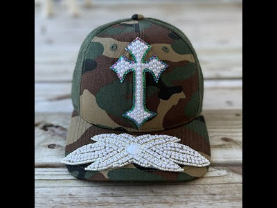 Custom Beaded Crystal Multicolor Applique Cross Hat - Rebel P Customs