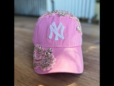 Custom Beaded Pink Crystal Applique New York Hat - Rebel P Customs