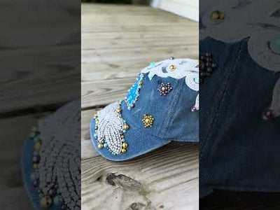 Custom Denim Beaded Pearl Crystal Applique LA Hat - Rebel P Customs