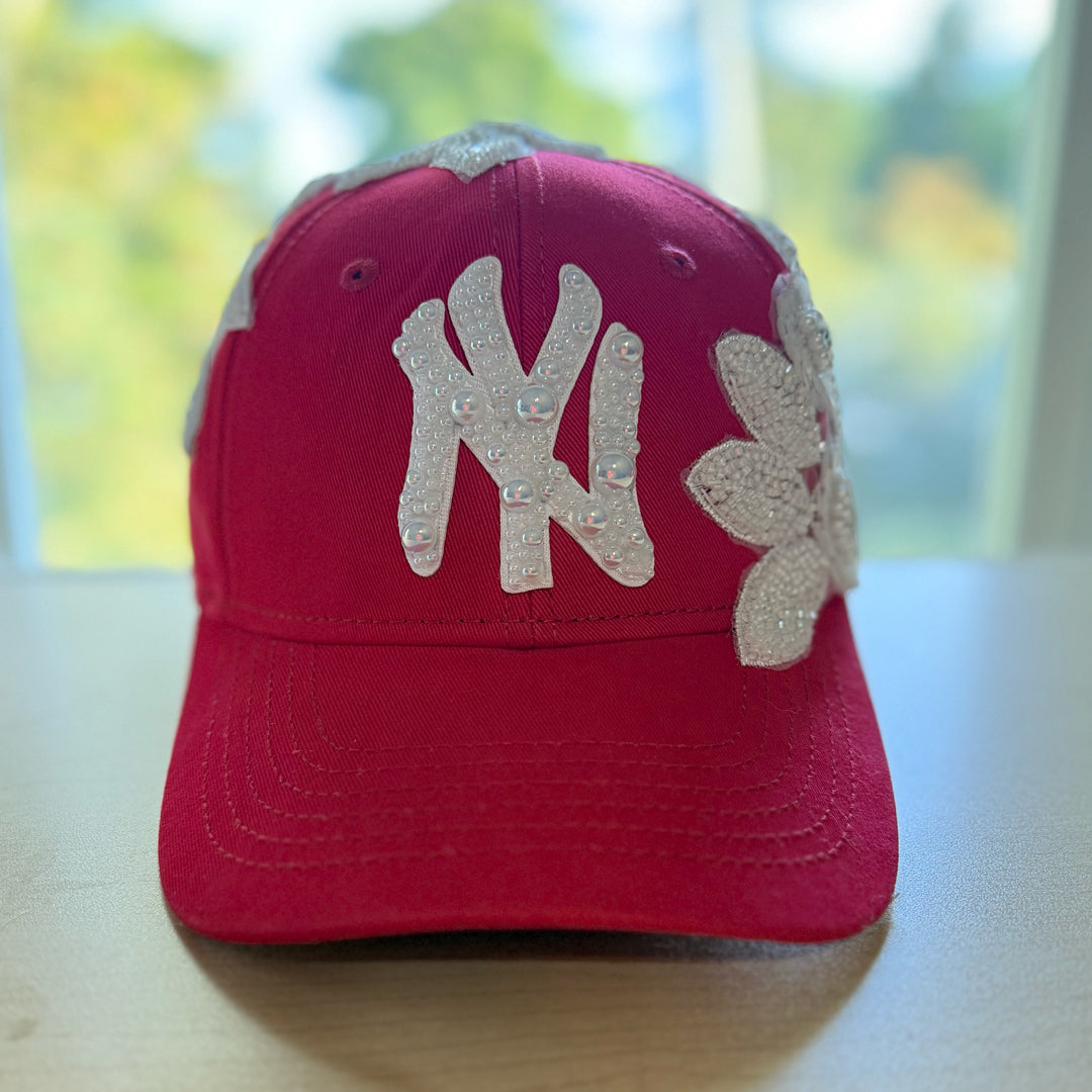 Custom Beaded Large White Crystal Pearl Applique New York Hat