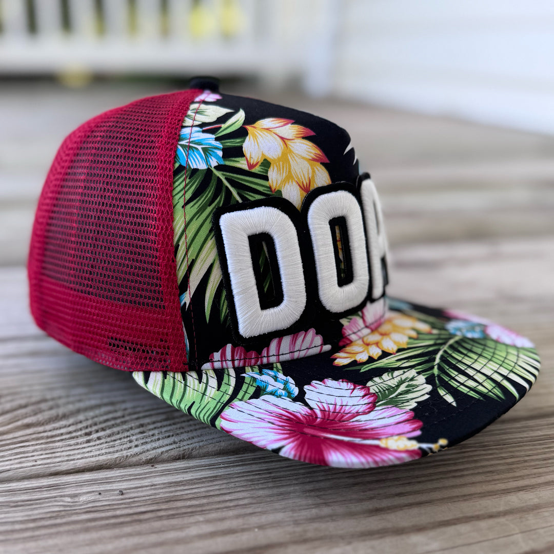 Red & Black Floral Glow In The Dark Dope Patched Mid-Pro Snapback Trucker Cap