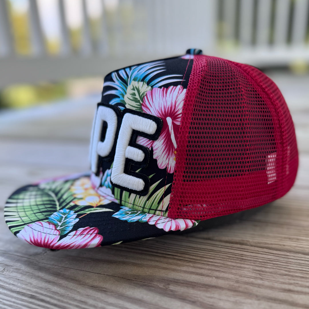 Red & Black Floral Glow In The Dark Dope Patched Mid-Pro Snapback Trucker Cap