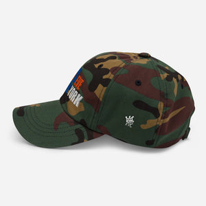 Right view of Believe in NYK camo trucker hat with orange and blue patches - Rebel P Customs