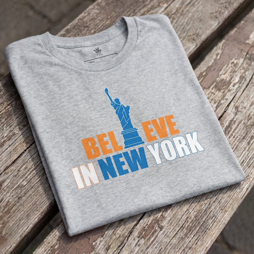 Believe in NYK Unisex T-Shirt from The City Collection featuring New York basketball-inspired artwork