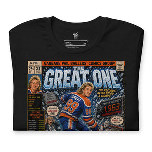 Close-up of The Great One hockey-inspired artwork featuring vintage comic-book illustration and collectible sports card aesthetics.