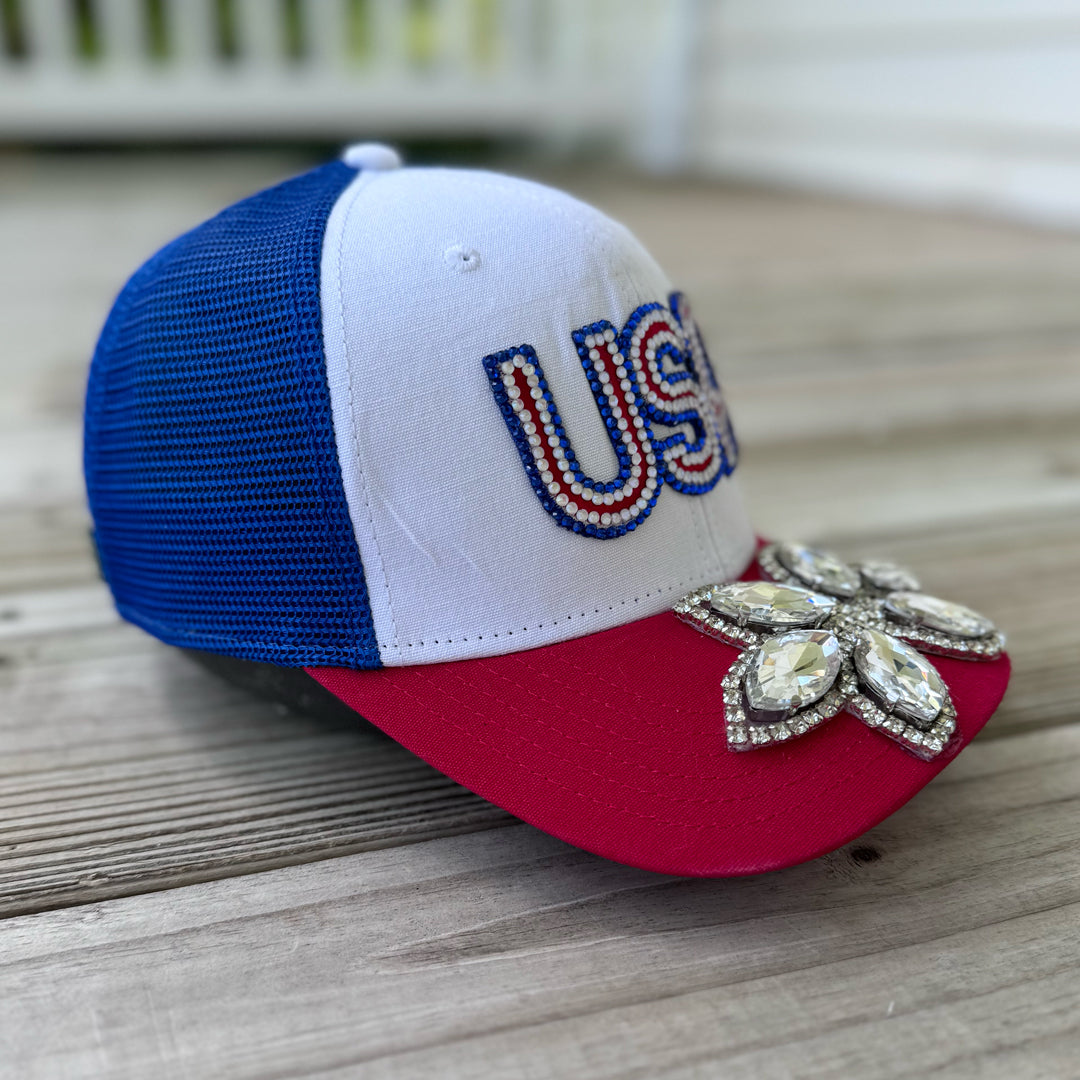 Custom Beaded Silver Crystal Applique USA Hat