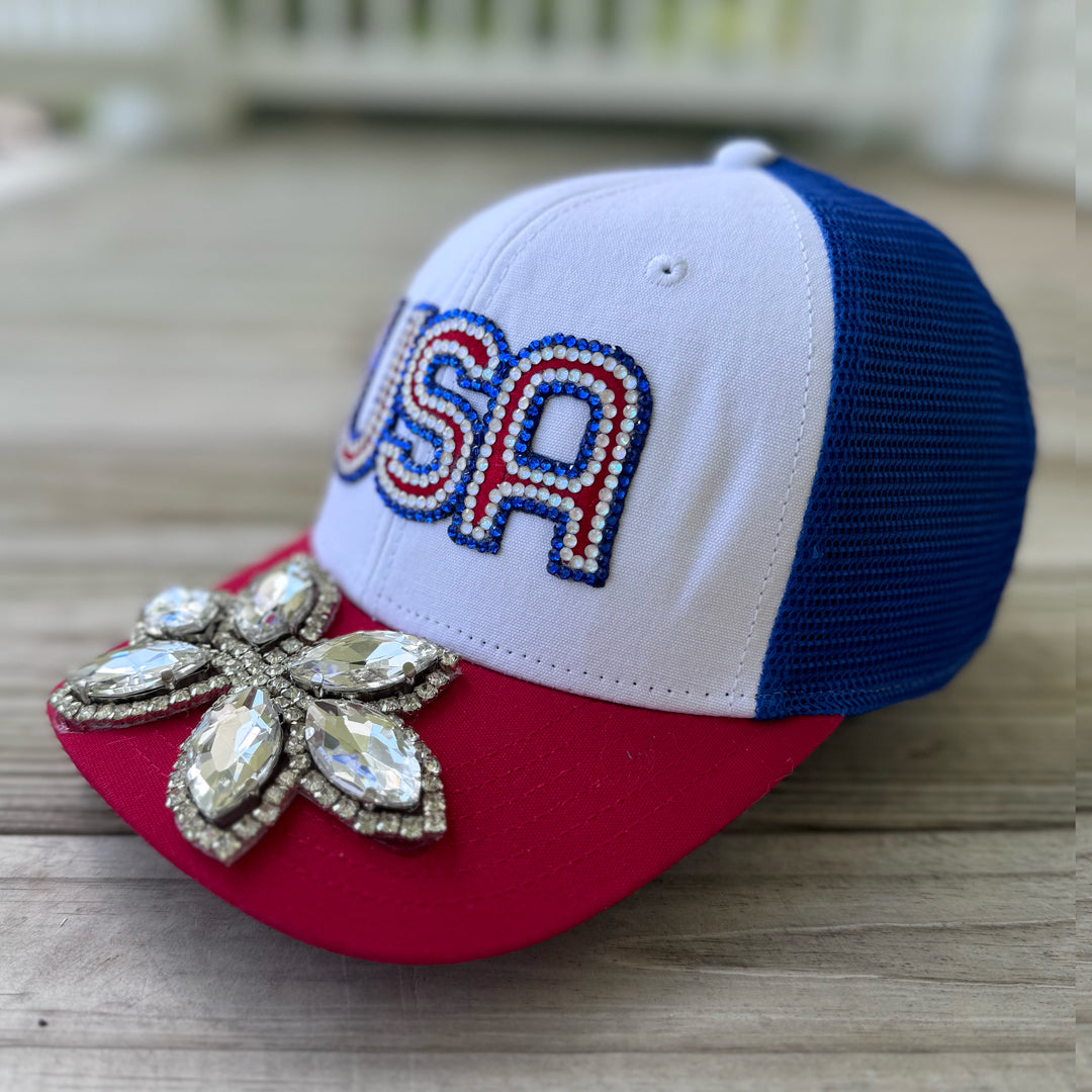 Custom Beaded Silver Crystal Applique USA Hat