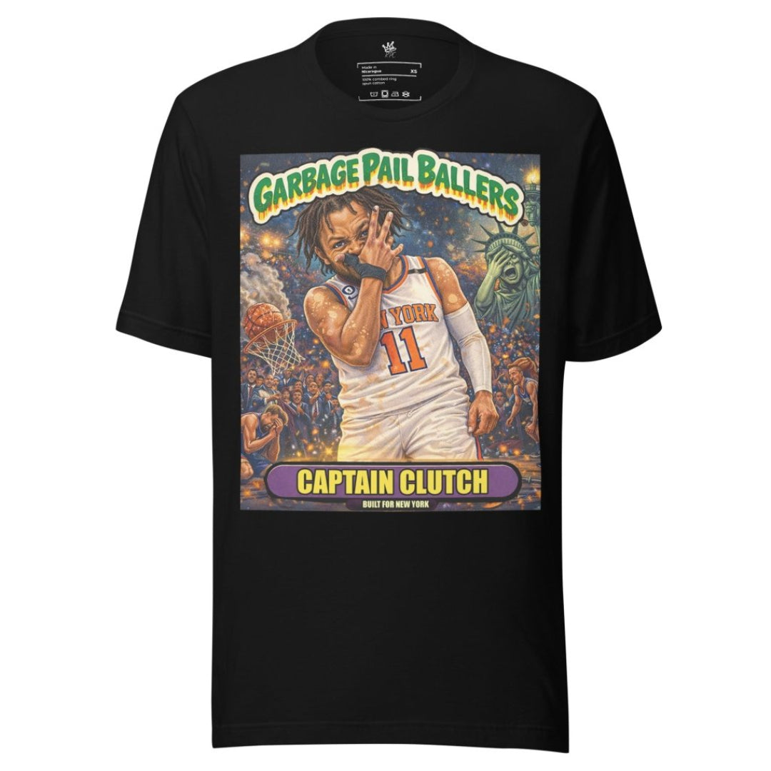 Front view of black Vintage Hardwood Classics Captain Clutch T-Shirt featuring a Garbage Pail Ballers basketball graphic and New York cityscape – Rebel P Customs