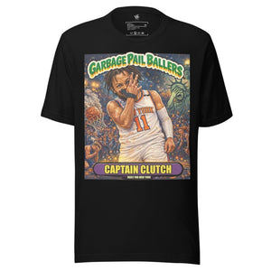 Front view of black Vintage Hardwood Classics Captain Clutch T-Shirt featuring a Garbage Pail Ballers basketball graphic and New York cityscape – Rebel P Customs