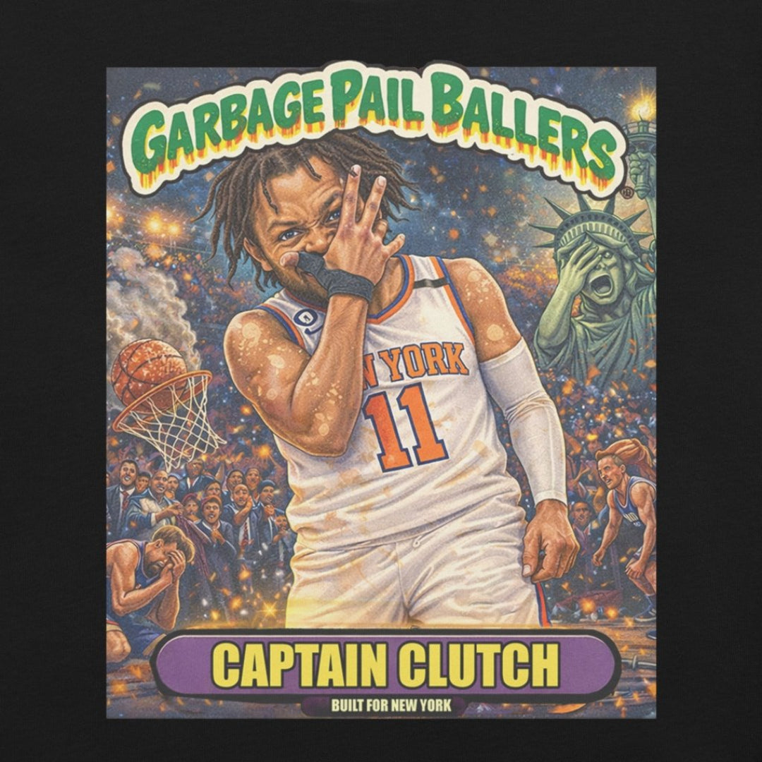 Close-up of the Captain Clutch graphic print on a premium black cotton T-shirt – Rebel P Customs
