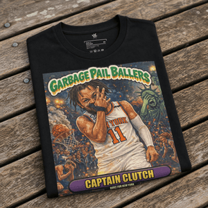 Front view of black Vintage Hardwood Classics Captain Clutch T-Shirt featuring a Garbage Pail Ballers basketball graphic and New York cityscape on wood bench – Rebel P Customs
