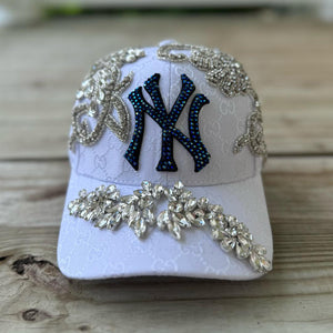 Custom Beaded Silver Crystal Applique White New York Hat - Rebel P Customs