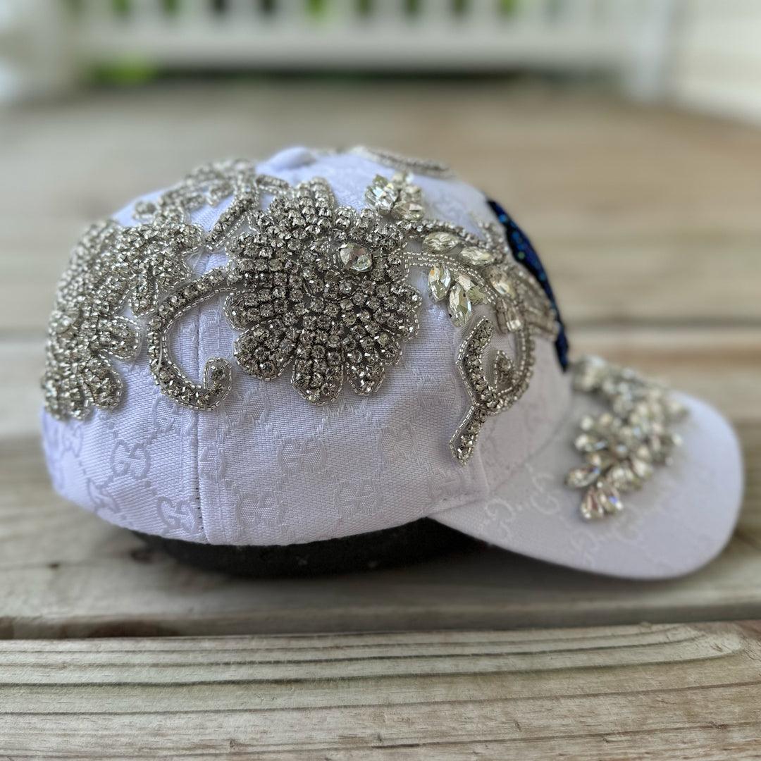 Custom Beaded Silver Crystal Applique White New York Hat - Rebel P Customs