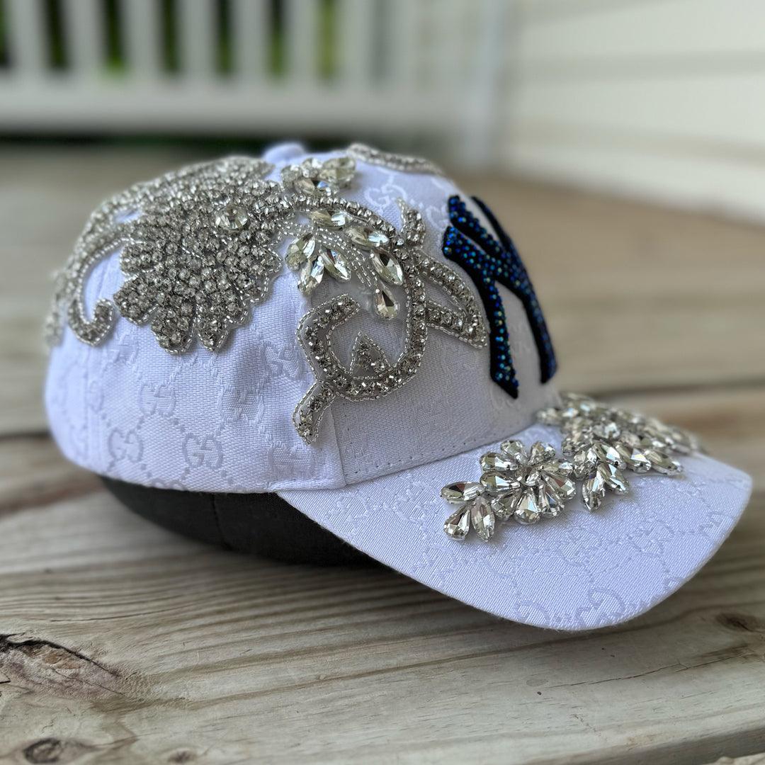 Custom Beaded Silver Crystal Applique White New York Hat - Rebel P Customs