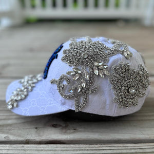 Custom Beaded Silver Crystal Applique White New York Hat - Rebel P Customs