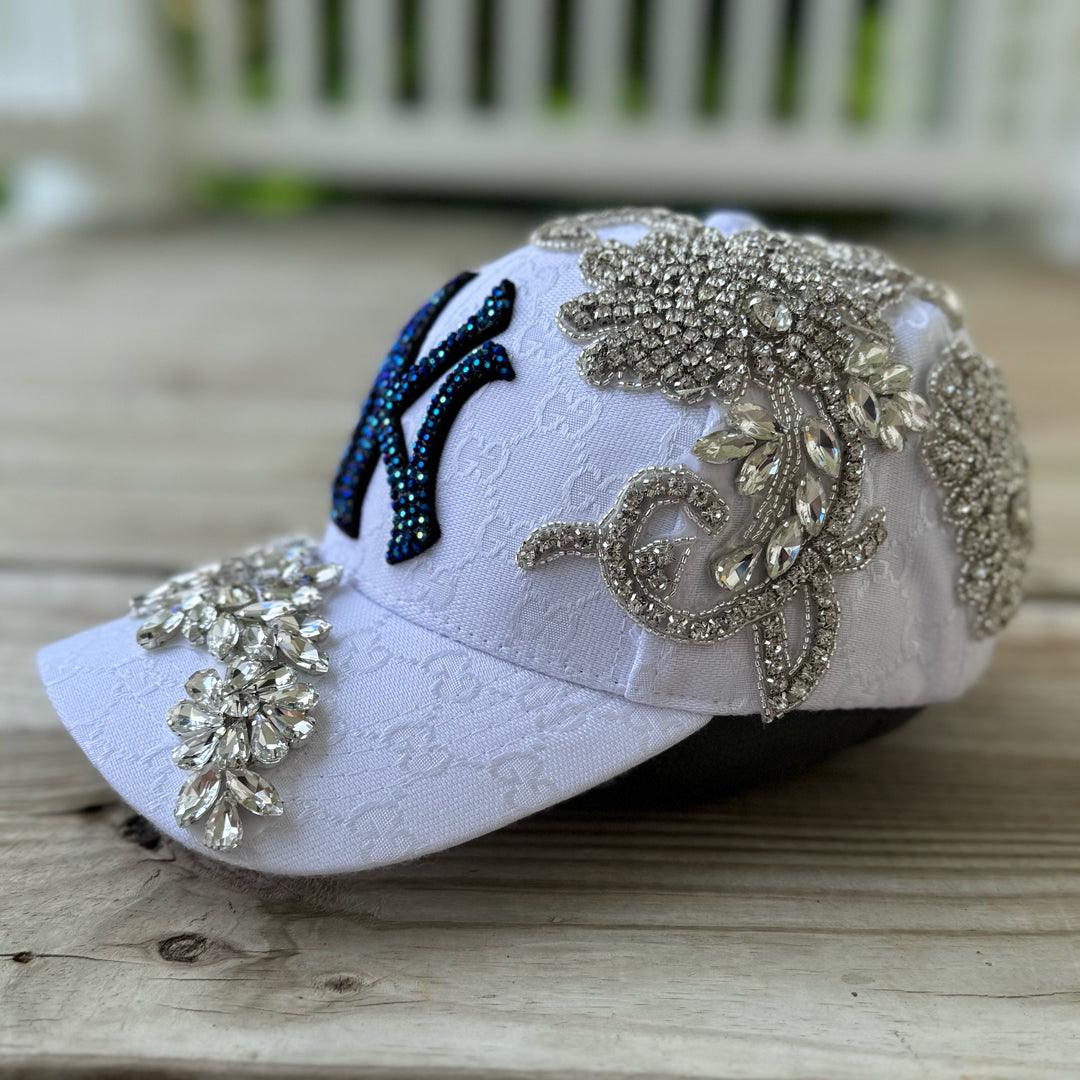 Custom Beaded Silver Crystal Applique White New York Hat - Rebel P Customs